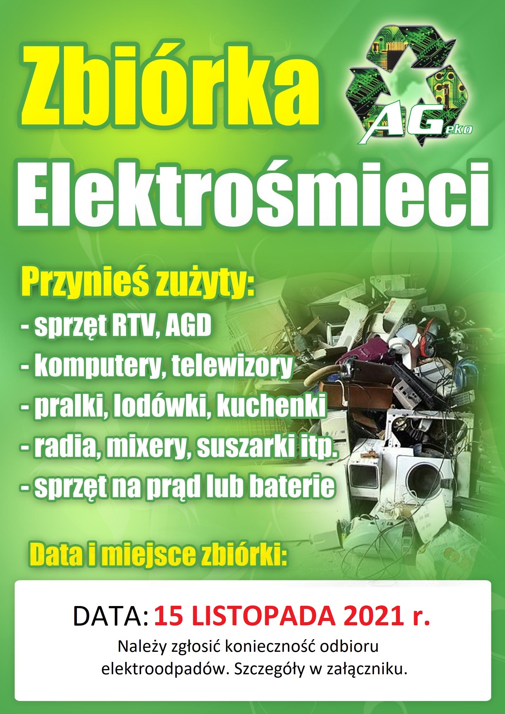 Plakat informacyjny o zbiórce elektroodpadów 15 listopada 2021 r.