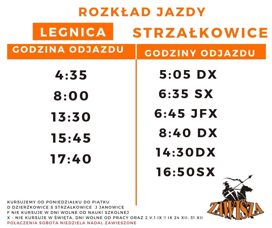 Rozkład jazdy Legnica <-> Strzałkowice obowiązujący od 1 września 2021 r.